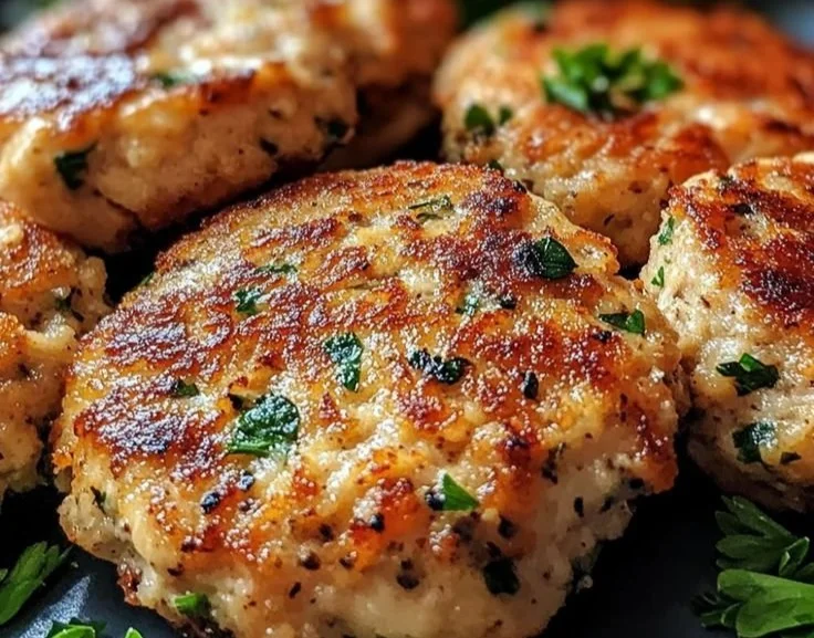 Golden Mediterranean Chicken Patties on a plate with fresh herbs