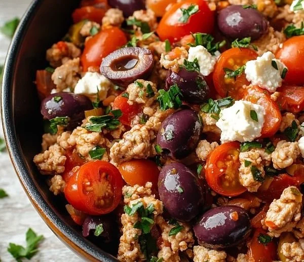 Mediterranean Keto Skillet with ground chicken, olives, and feta cheese