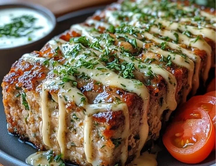 Mediterranean Meatloaf garnished with Garlic Herb Sauce on a plate.