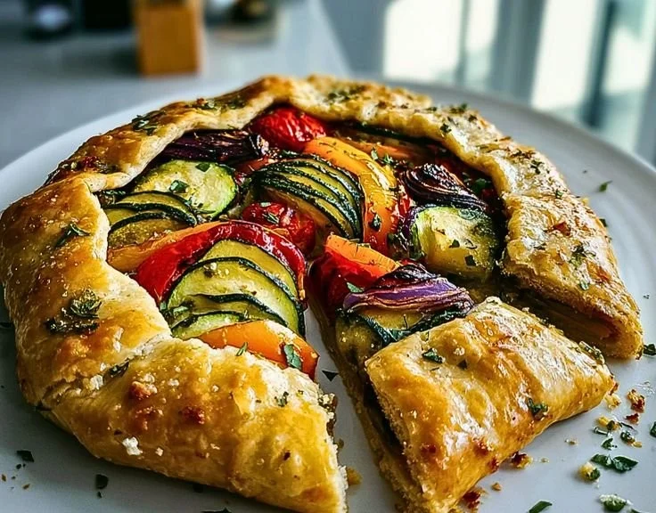Mediterranean vegetable galette with colorful vegetables on a rustic crust