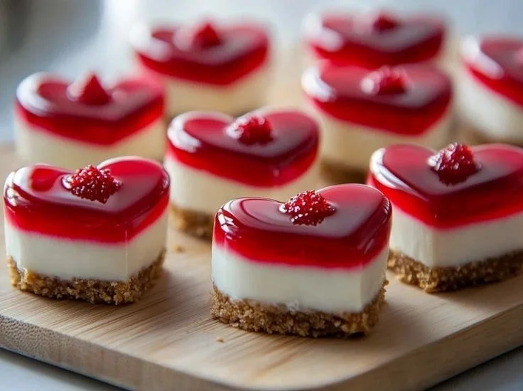 Mini cheesecake hearts arranged in a beautiful display for a romantic occasion