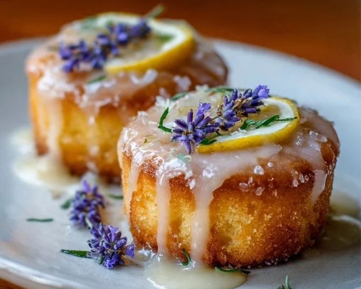 Mini lemon cakes drizzled with lavender glaze on a decorative plate