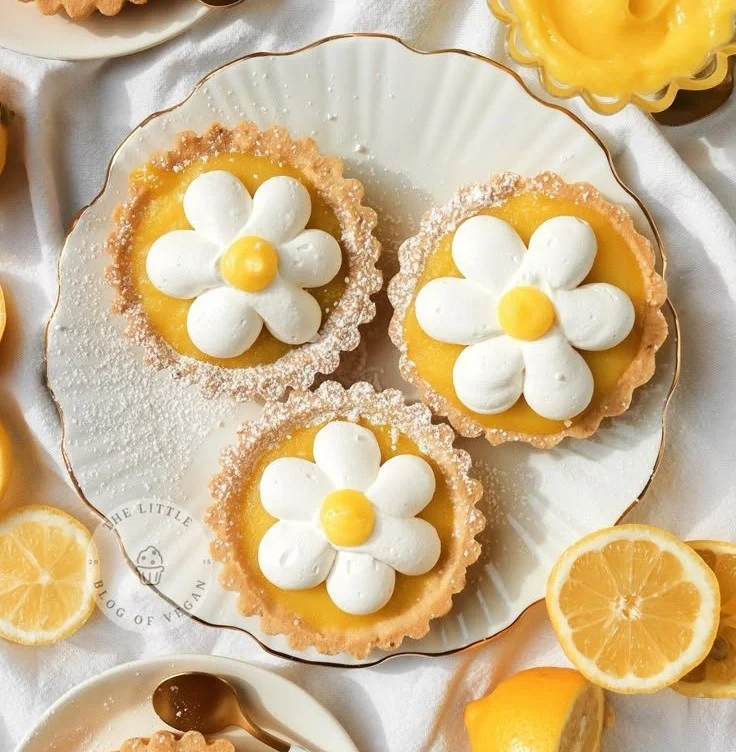 Mini vegan lemon tarts on a white plate garnished with lemon zest.