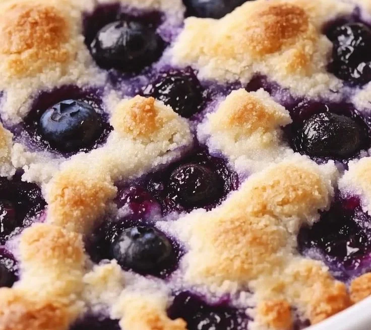 Moist blueberry cobbler made with frozen berries served in a dish