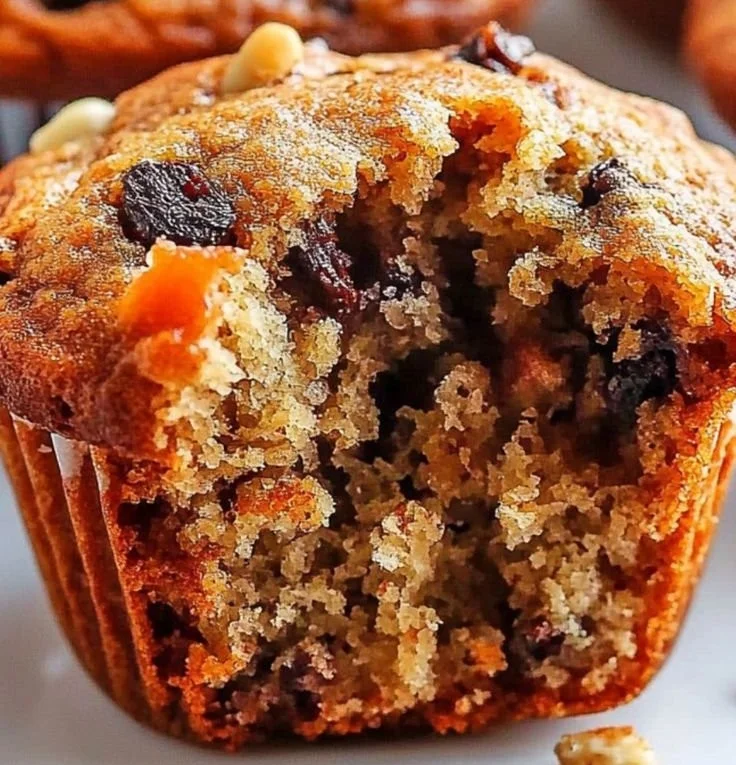 Freshly baked morning glory muffins with nuts and fruits on a plate