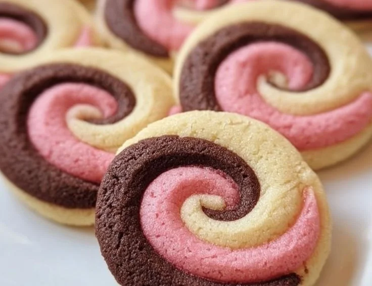Freshly baked Neapolitan Swirl Cookies with chocolate, vanilla, and strawberry swirls.