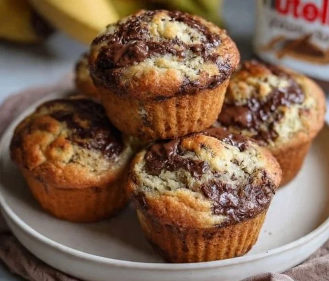 Delicious Nutella banana muffins with a chocolate swirl on top