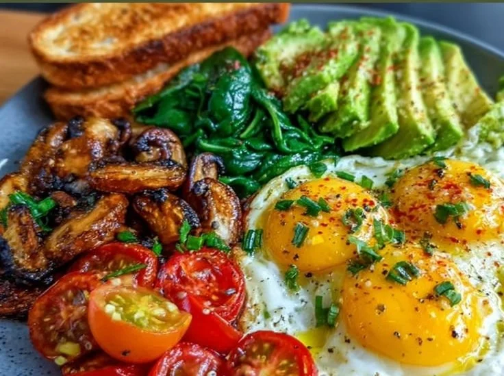 Nutritious breakfast plate featuring eggs, avocado, and fresh fruits