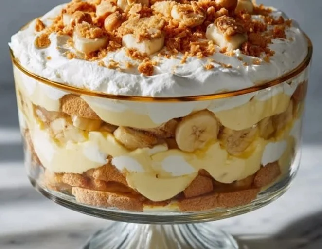 Old-fashioned homemade banana pudding served in a glass dish