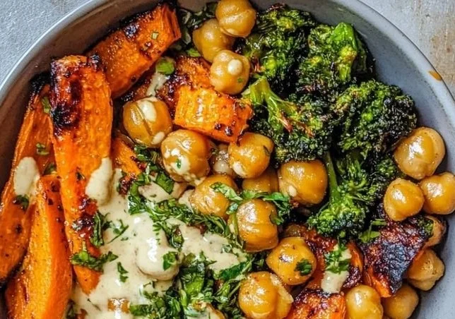 One-Pan Roasted Carrot and Chickpea Bowl served in a vibrant dish