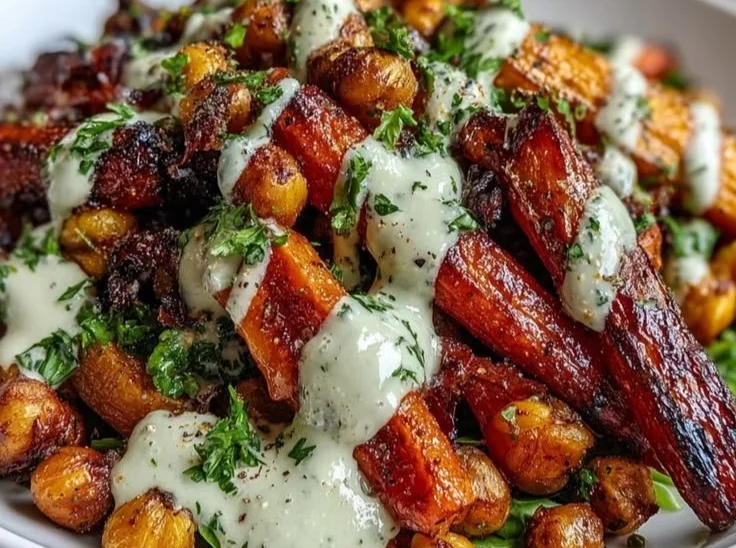 One-Pan Roasted Carrot Chickpea Bowl with vibrant vegetables and chickpeas