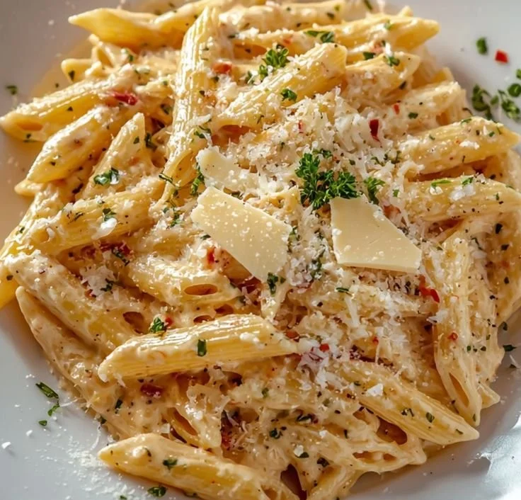 Creamy garlic pasta dish in a one pot, garnished with herbs