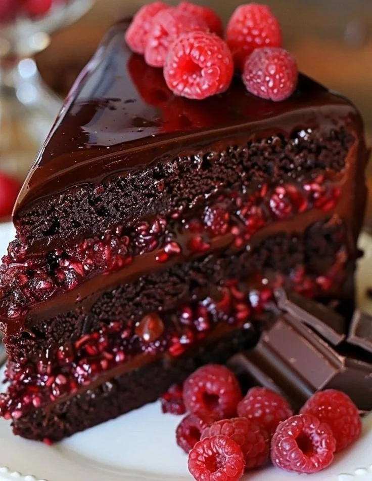 Decadent chocolate raspberry truffle cake topped with fresh raspberries and chocolate shavings.