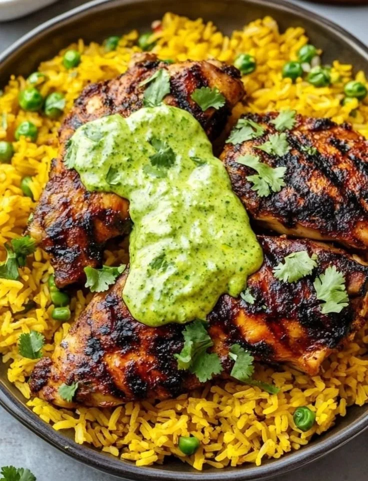 Peruvian chicken and rice dish with green sauce on a plate