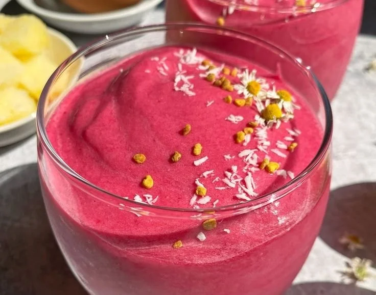 Pineapple Beet Smoothie without banana in a glass with fresh ingredients
