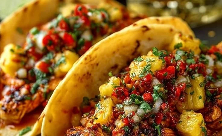 Delicious Pineapple Chicken Tacos garnished with fresh ingredients