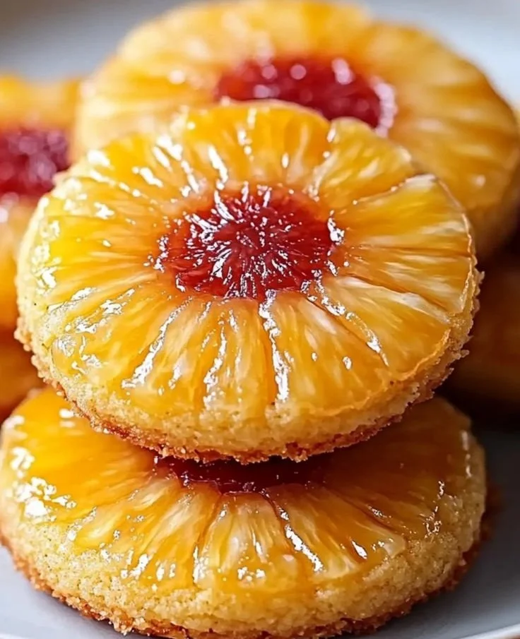 Freshly baked Pineapple Upside-Down Cookies on a baking tray
