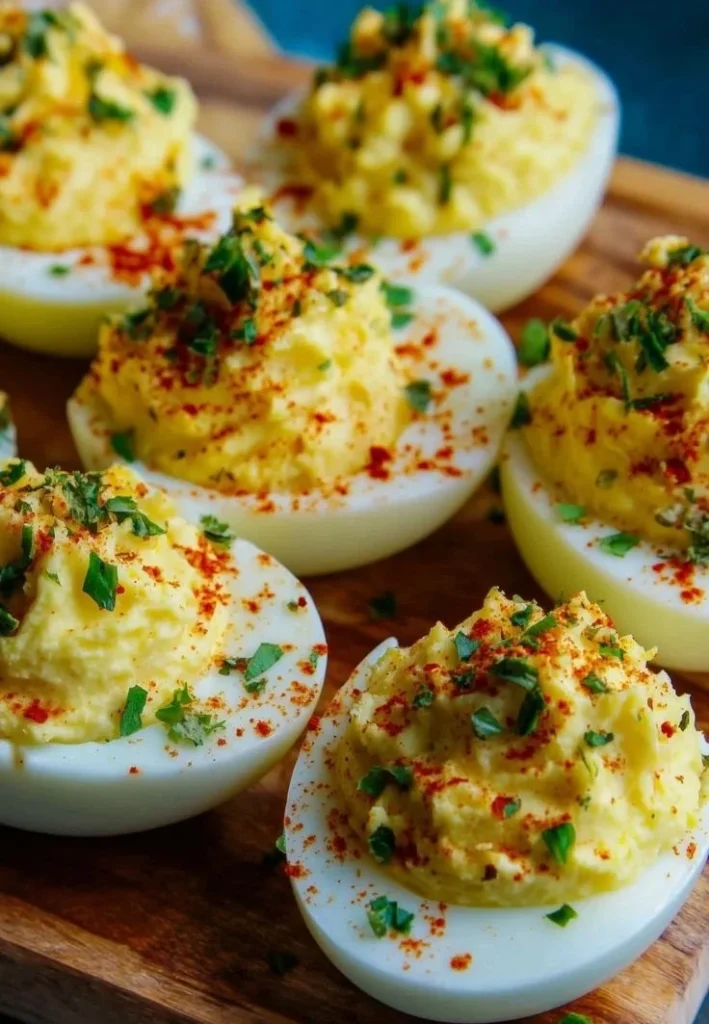 Pioneer Woman's deviled eggs recipe garnished with paprika and herbs