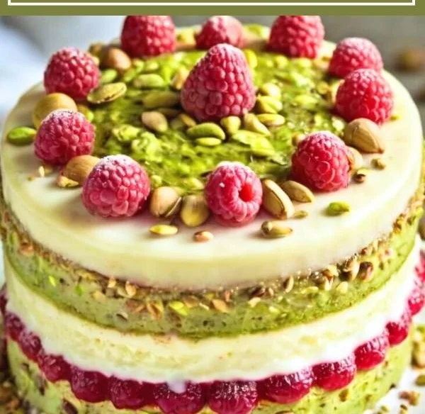 Pistachio Raspberry Dream Cake topped with fresh raspberries and pistachios.