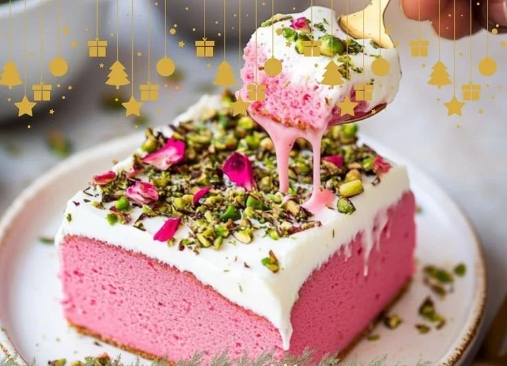 Delicious Pistachio Rose Milk Cake with fresh pistachios and rose petals decoration