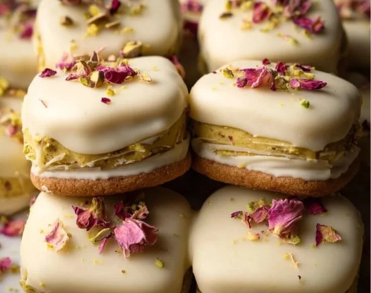 Pistachio sandwich cookies filled with white chocolate on a rustic table.