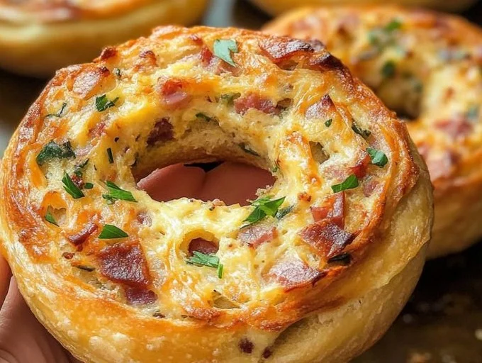 A delicious quiche stuffed bagel garnished with herbs and served on a plate