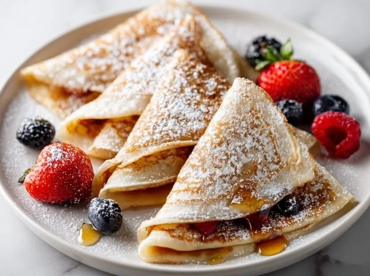 Fluffy and delicious quick and easy crepes drizzled with syrup.
