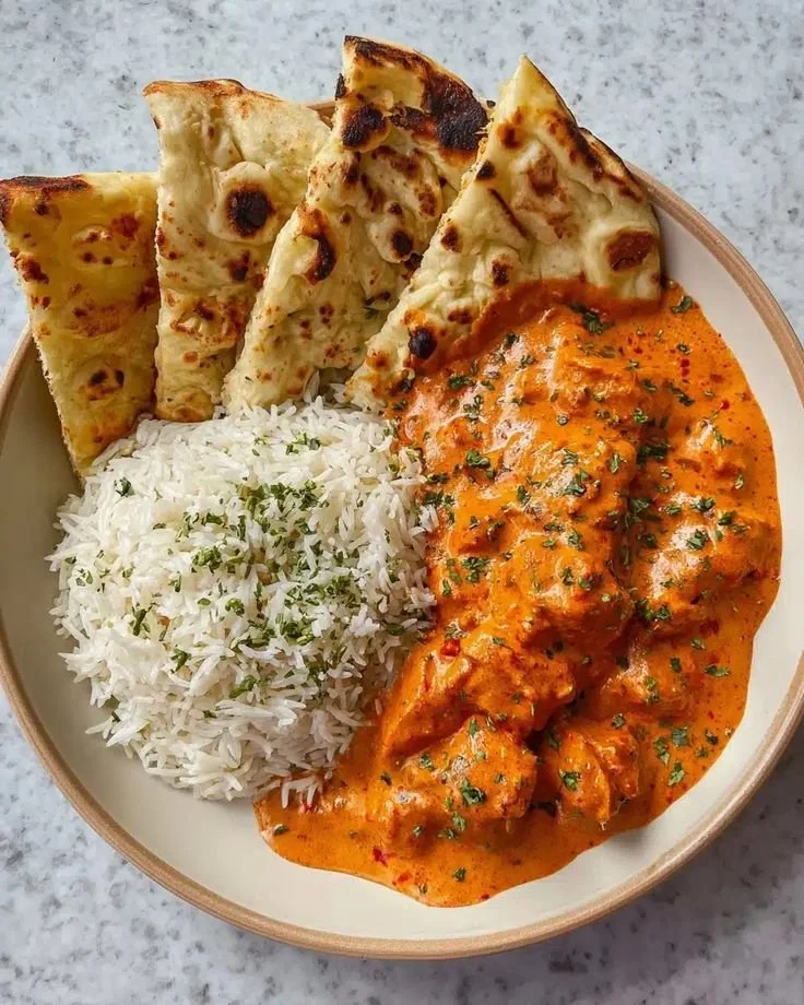 Delicious homemade butter chicken served with basmati rice and naan bread