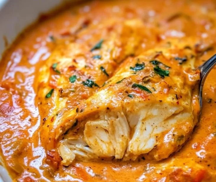 Quick Tilapia in Roasted Pepper Sauce served on a plate with colorful peppers.