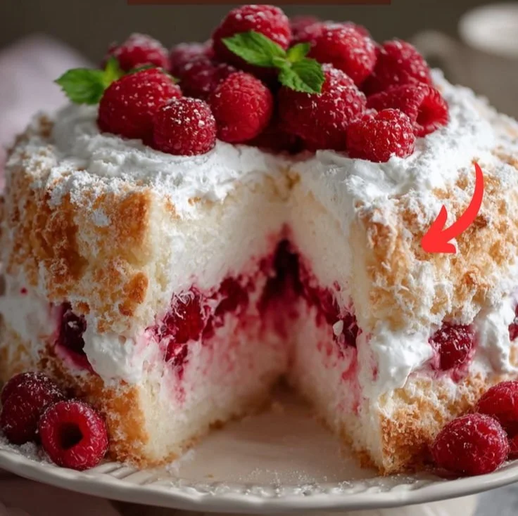 Delicious Raspberry Angel Food Cake garnished with fresh raspberries.