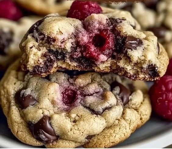 Freshly baked Raspberry Chocolate Chunk Cookies on a baking tray