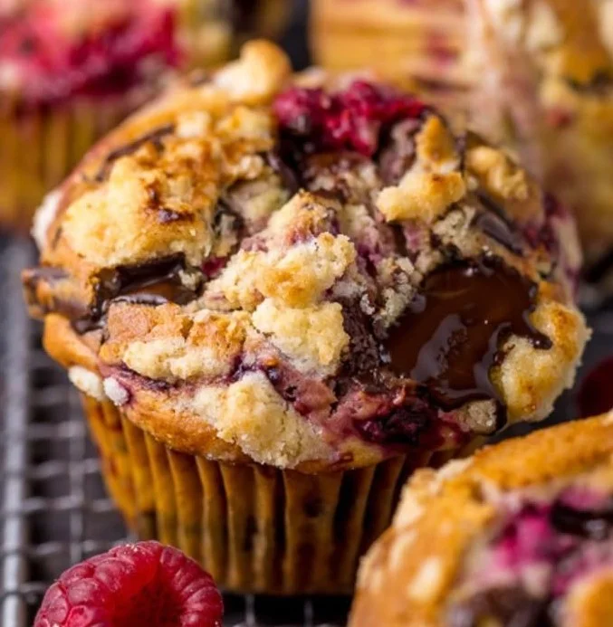 Freshly baked raspberry chocolate muffins on a cooling rack