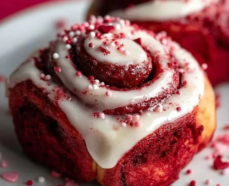 Red Velvet Valentine's Day cinnamon rolls topped with cream cheese icing