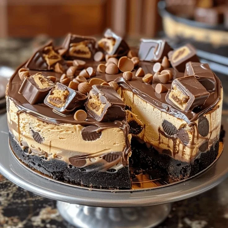 Delicious Reese's Peanut Butter Cup Cheesecake with chocolate and peanut butter layers.