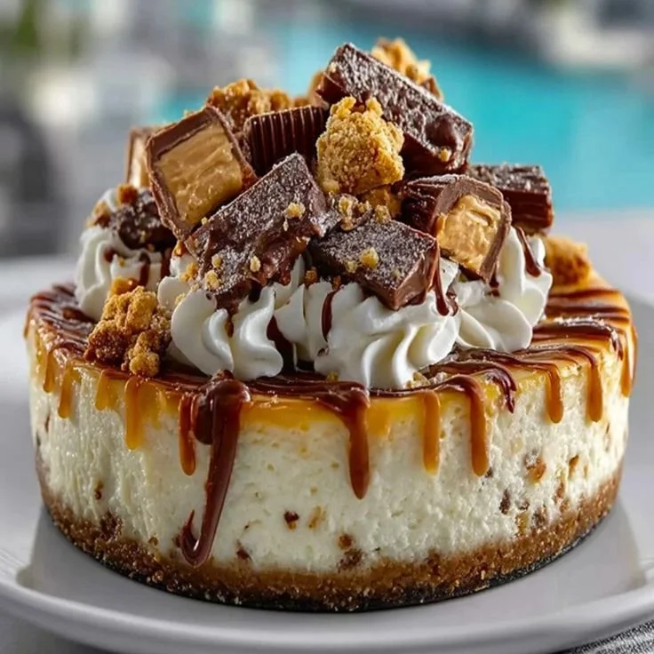 Reese's Peanut Butter Cup Cheesecake with chocolate drizzle and peanut butter cups