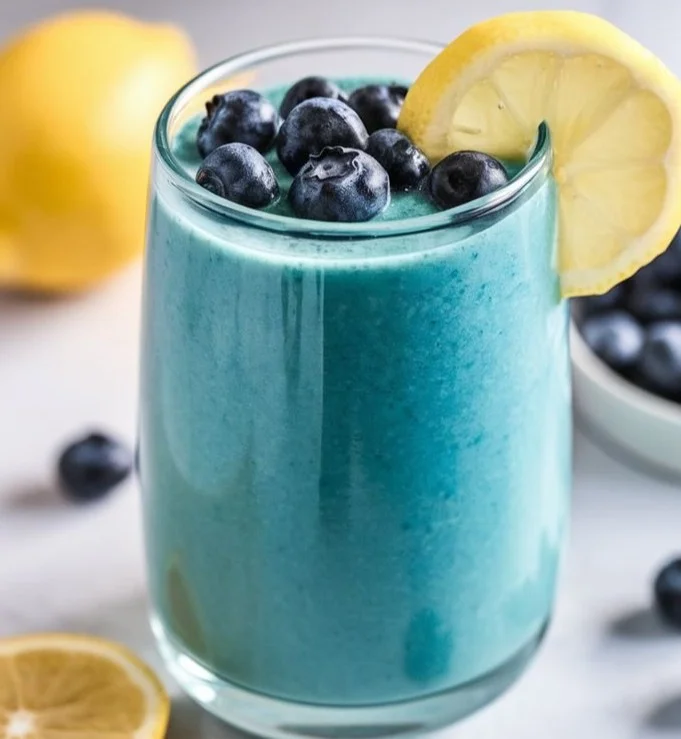 Refreshing lemon-blueberry smoothie in a glass with fresh lemons and blueberries