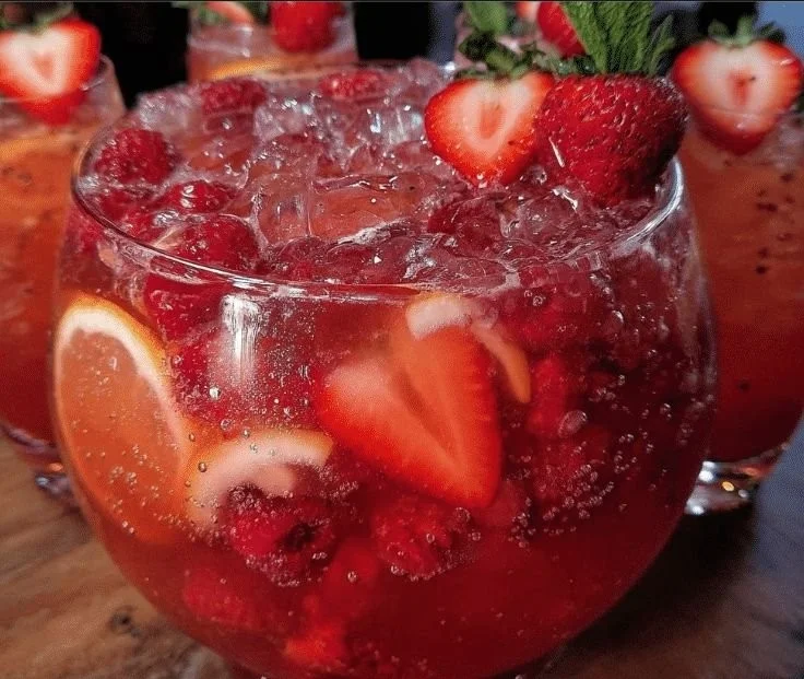 A colorful glass of refreshing Love Potion Punch garnished with fruits.