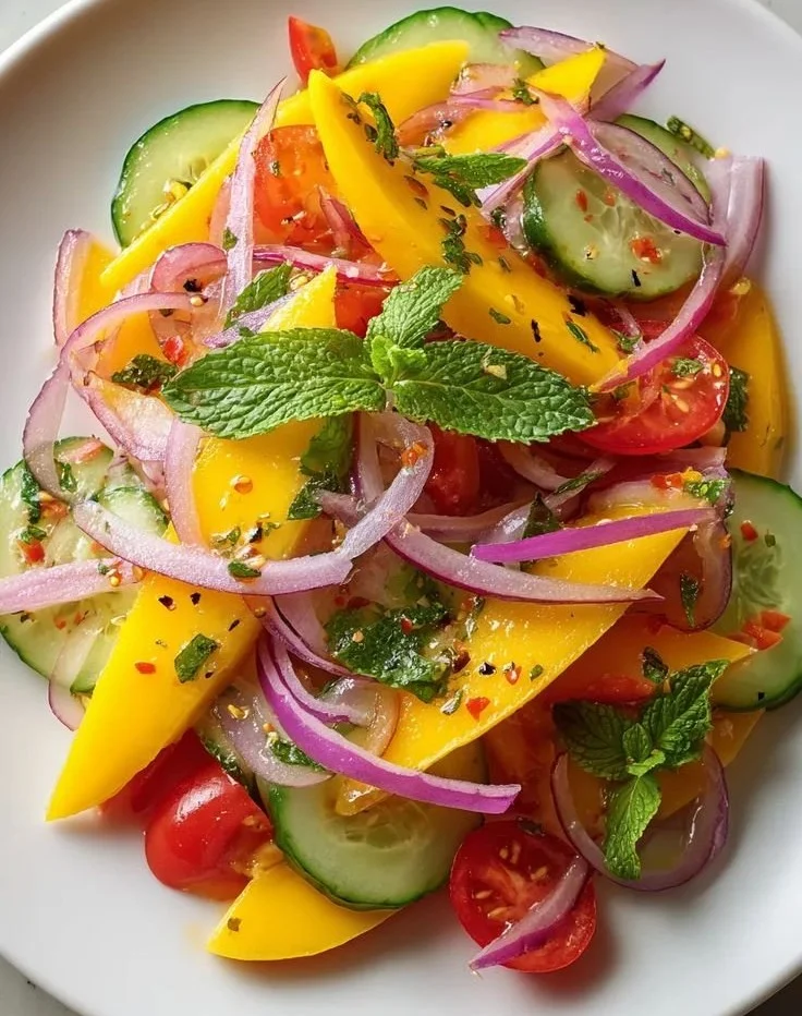Refreshing mango salad with lime dressing served in a bowl