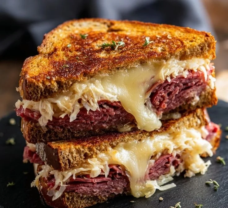 Delicious Reuben Sandwich with corned beef, cheese, and sauerkraut on rye bread