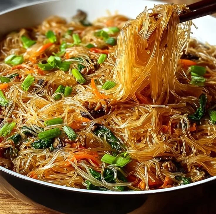 Colorful rice noodle stir-fry with vegetables and sauce in a bowl.