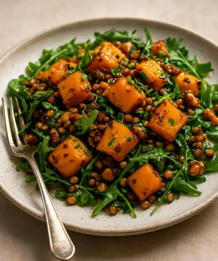 Delicious roast pumpkin and lentil salad served in a bowl