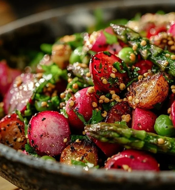 Plate of roasted asparagus and radishes with mustard vinaigrette dressing