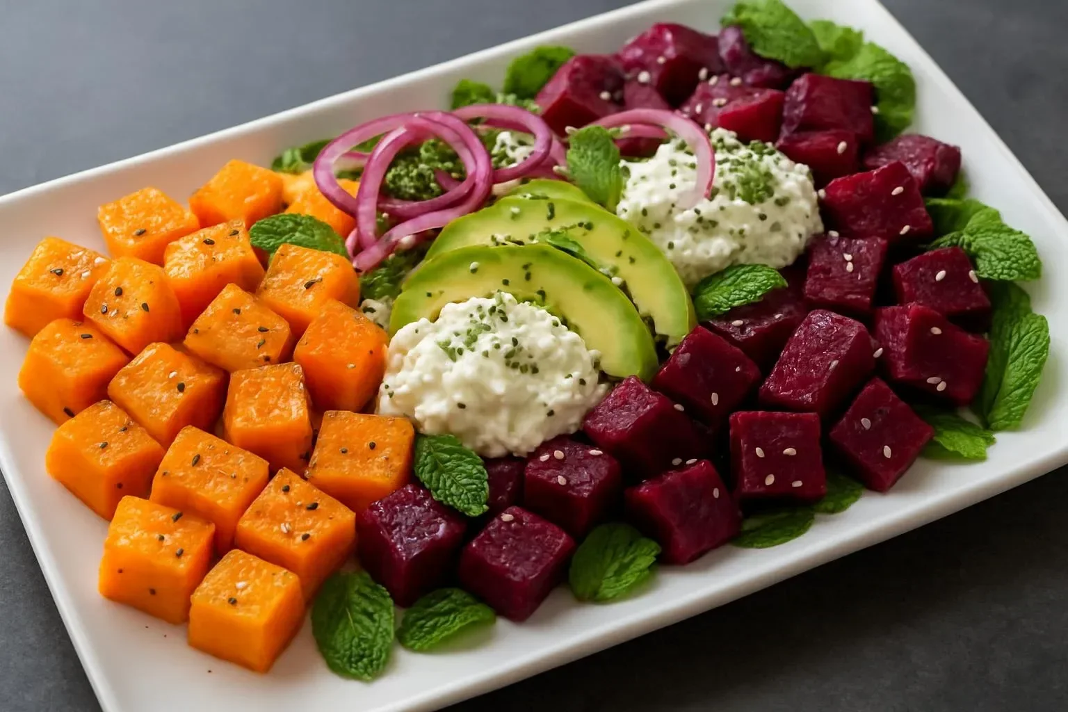Roasted beet salad with sweet potato, avocado, whipped ricotta, and lemon-tahini drizzle