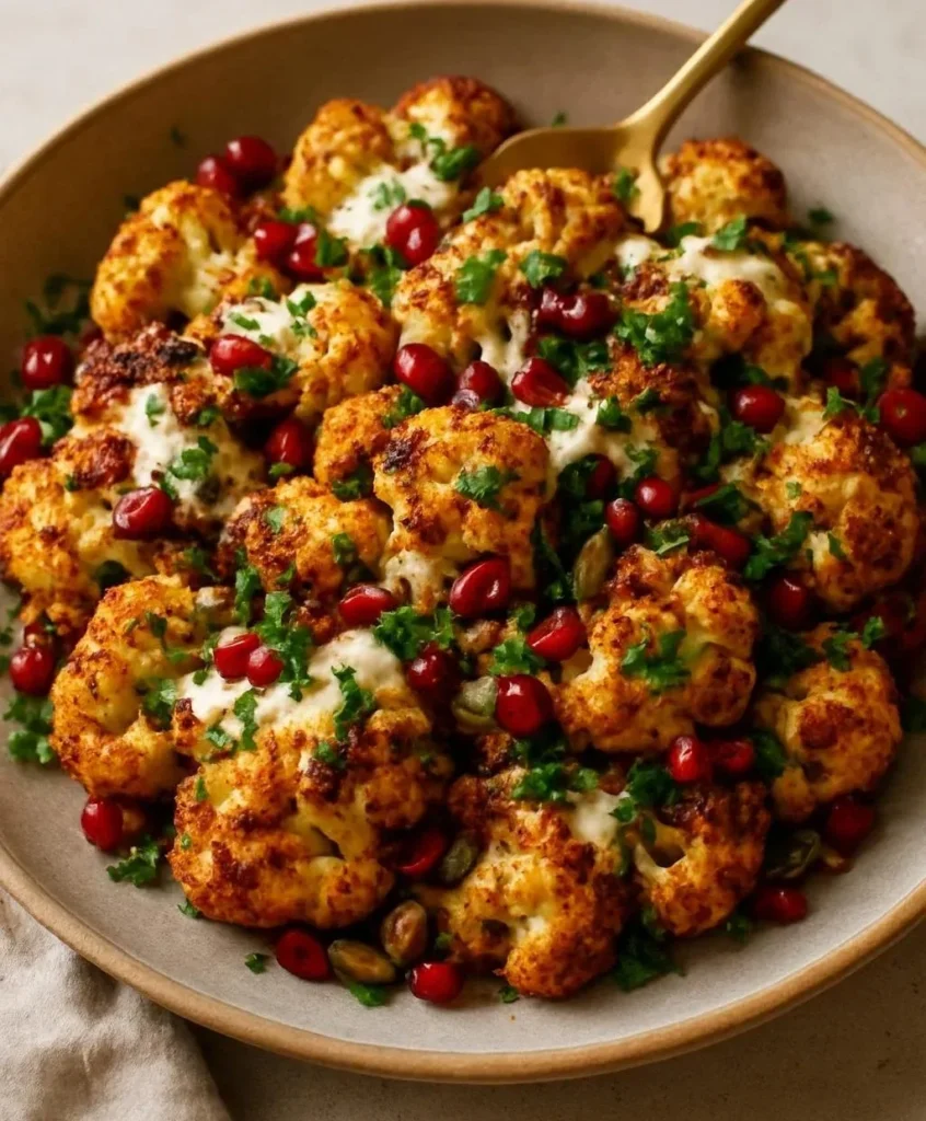Roasted cauliflower tahini salad with fresh ingredients and vibrant colors