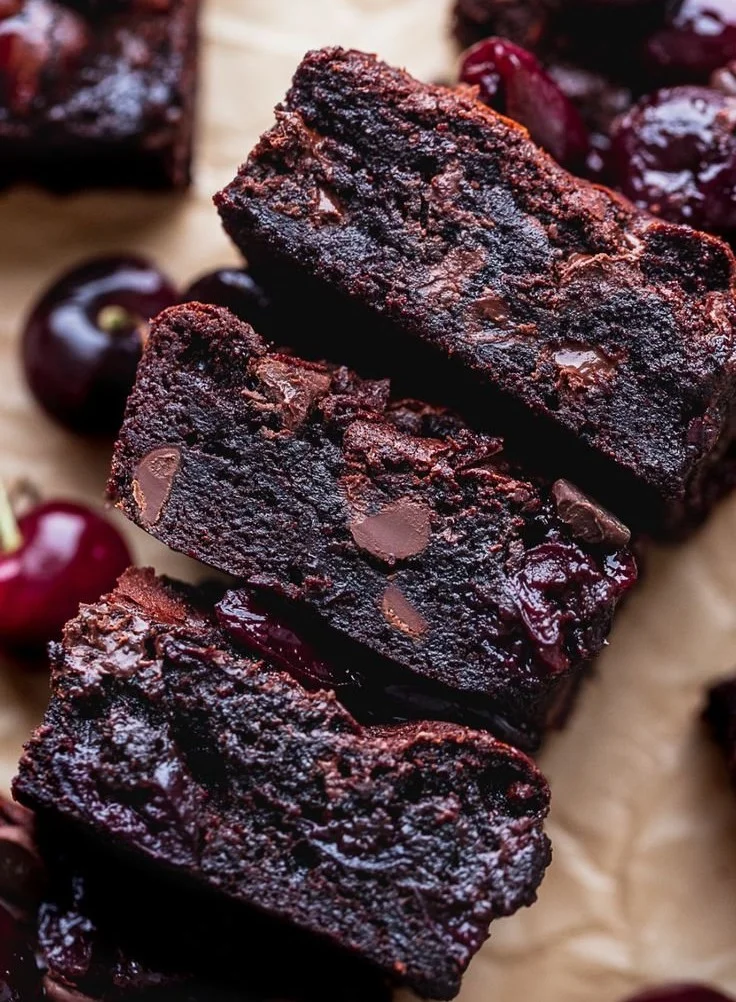 Delicious roasted cherry brownies topped with fresh cherries