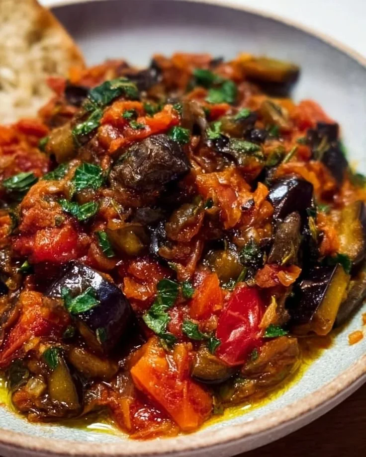 A vibrant serving of roasted eggplant caponata with vegetables and herbs