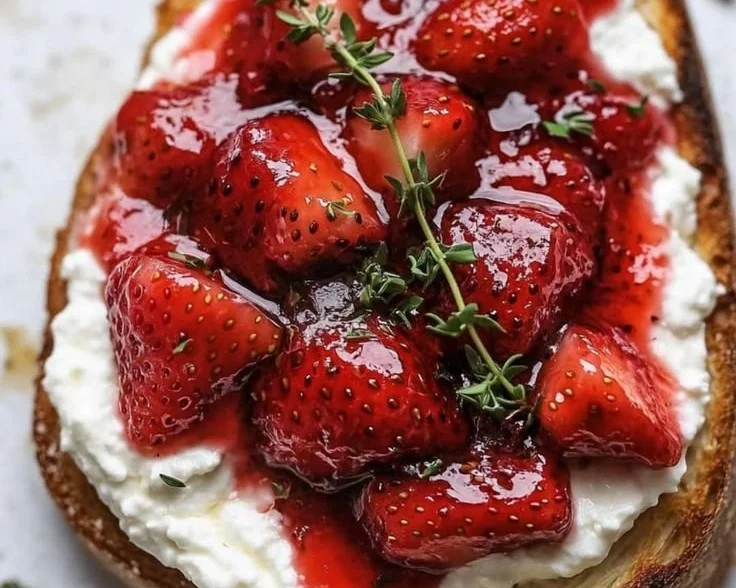 Roasted Strawberry Whipped Ricotta Toast topped with fresh strawberries