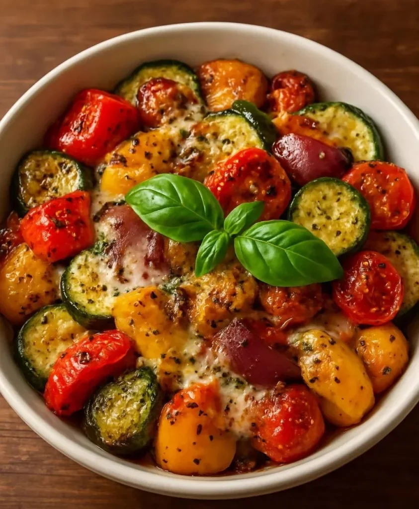 Rustic Italian Vegetable Bake with colorful veggies and herbs in a baking dish