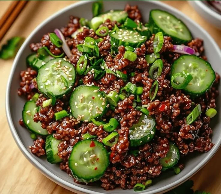 Spicy Keto Korean Ground Beef served with a fresh salad
