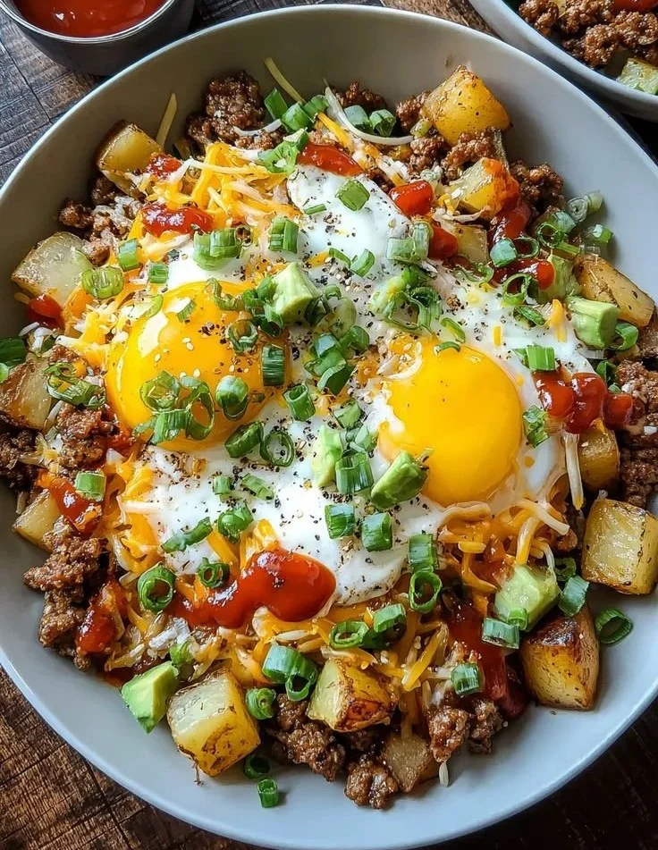Sausage and Potato Breakfast Bowls with colorful toppings in a bowl